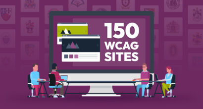 Graphic showing a group of people looking at a computer screen with the words 150 wcag sites