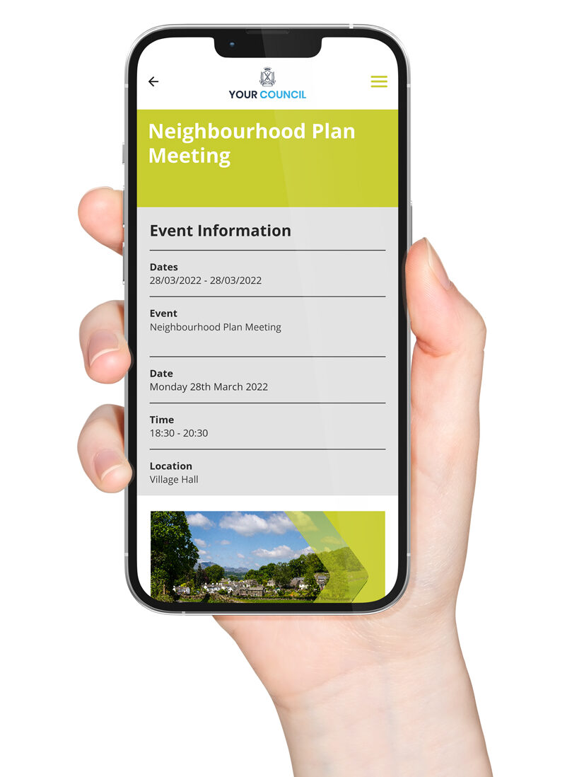 A hand on white background holding an iPhone with a Neighbourhood Plan screen showing