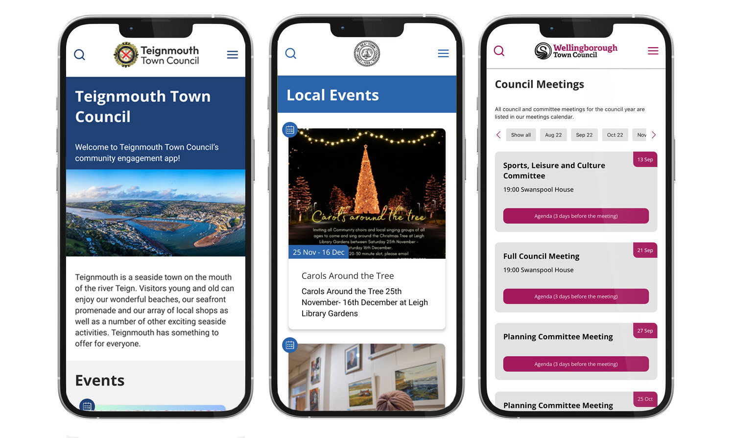 Community Engagement App screens on iphones